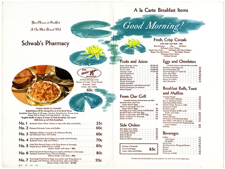 Schwab's pharmacy menu from old Hollywood
