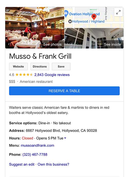 Musso & Frank Google listing on tour of Hollywood CA