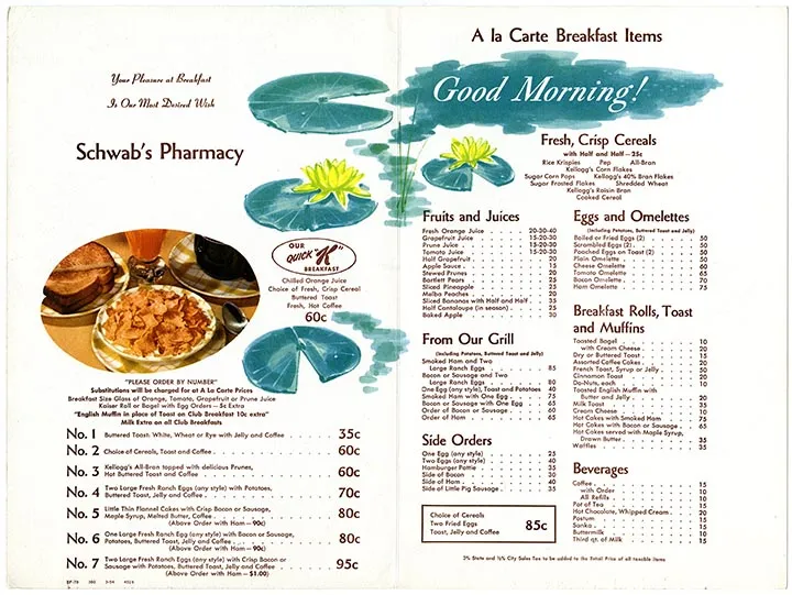 Schwab's pharmacy menu from old Hollywood
