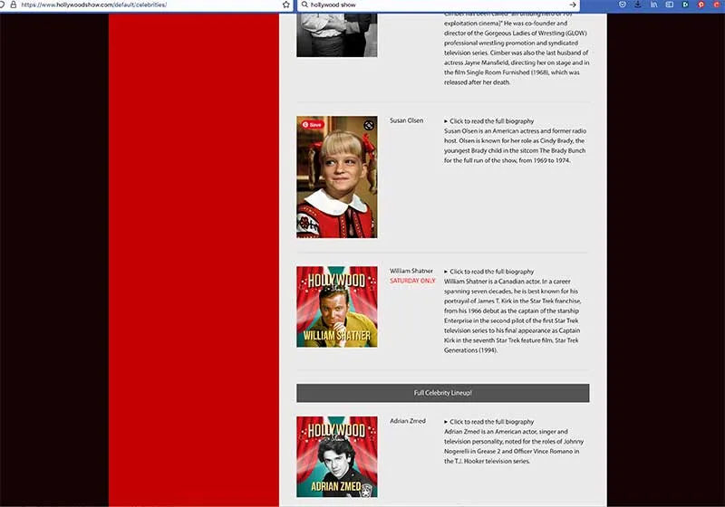 Hollywood Show website part of your Tour