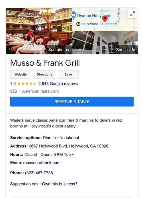 Musso & Frank Google listing on tour of Hollywood CA